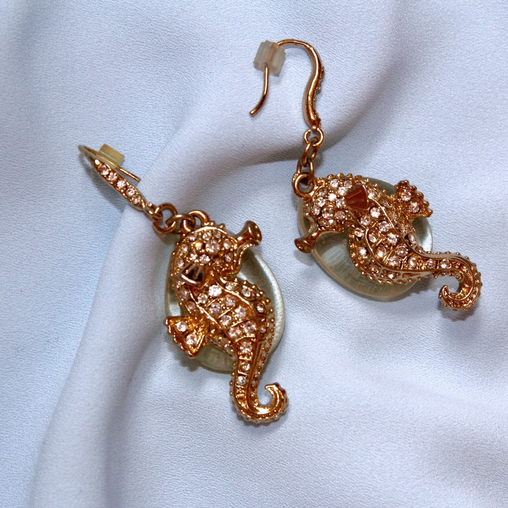 Vintage Gold and Pavé Crystal Seahorse Earrings